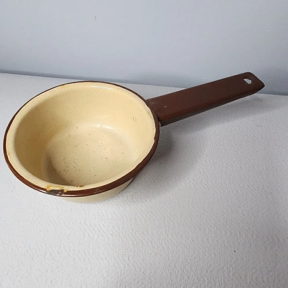 Vintage Little Saucepan Enamelware Tan with Brown Trim & Handle 5